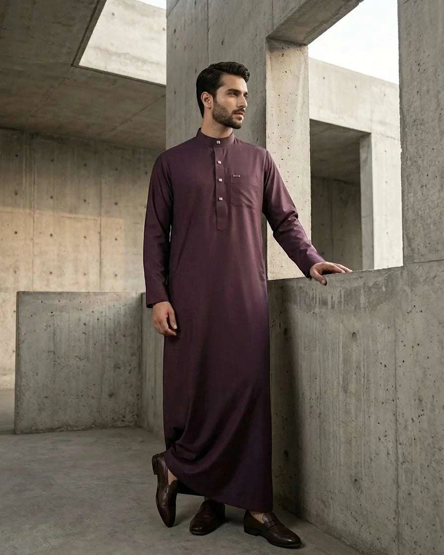 Wine executive thobe with mandarin collar for men, buttoned placket in close detail