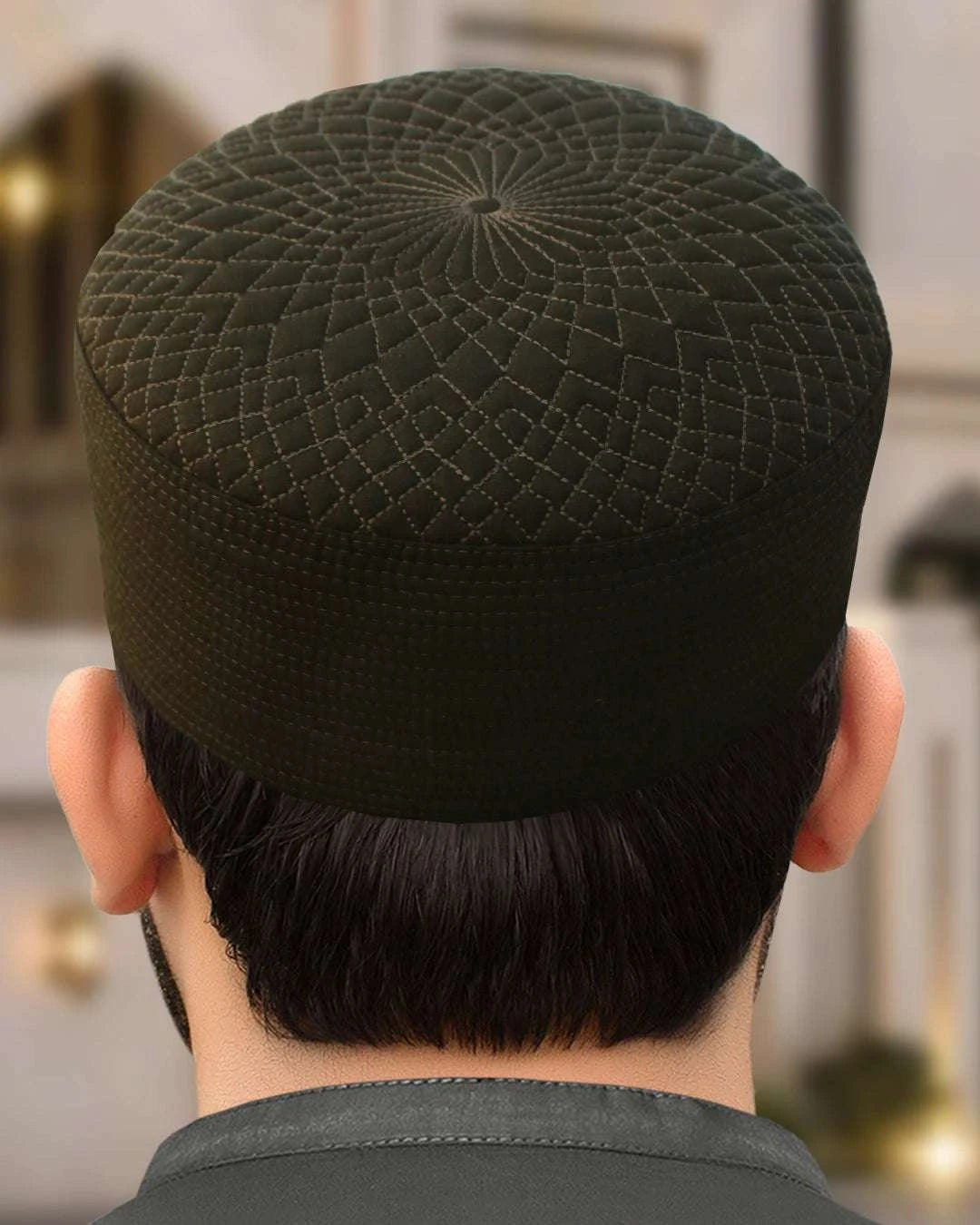 Beige radial quilt kufi prayer cap for men, a Sunnah wardrobe staple