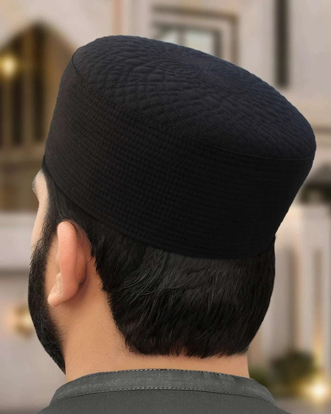 Beige radial quilt kufi prayer cap for men, stitched surface in close detail