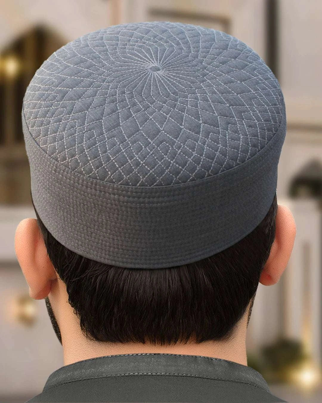 Storm gray radial quilt kufi prayer cap for men, made for daily salah